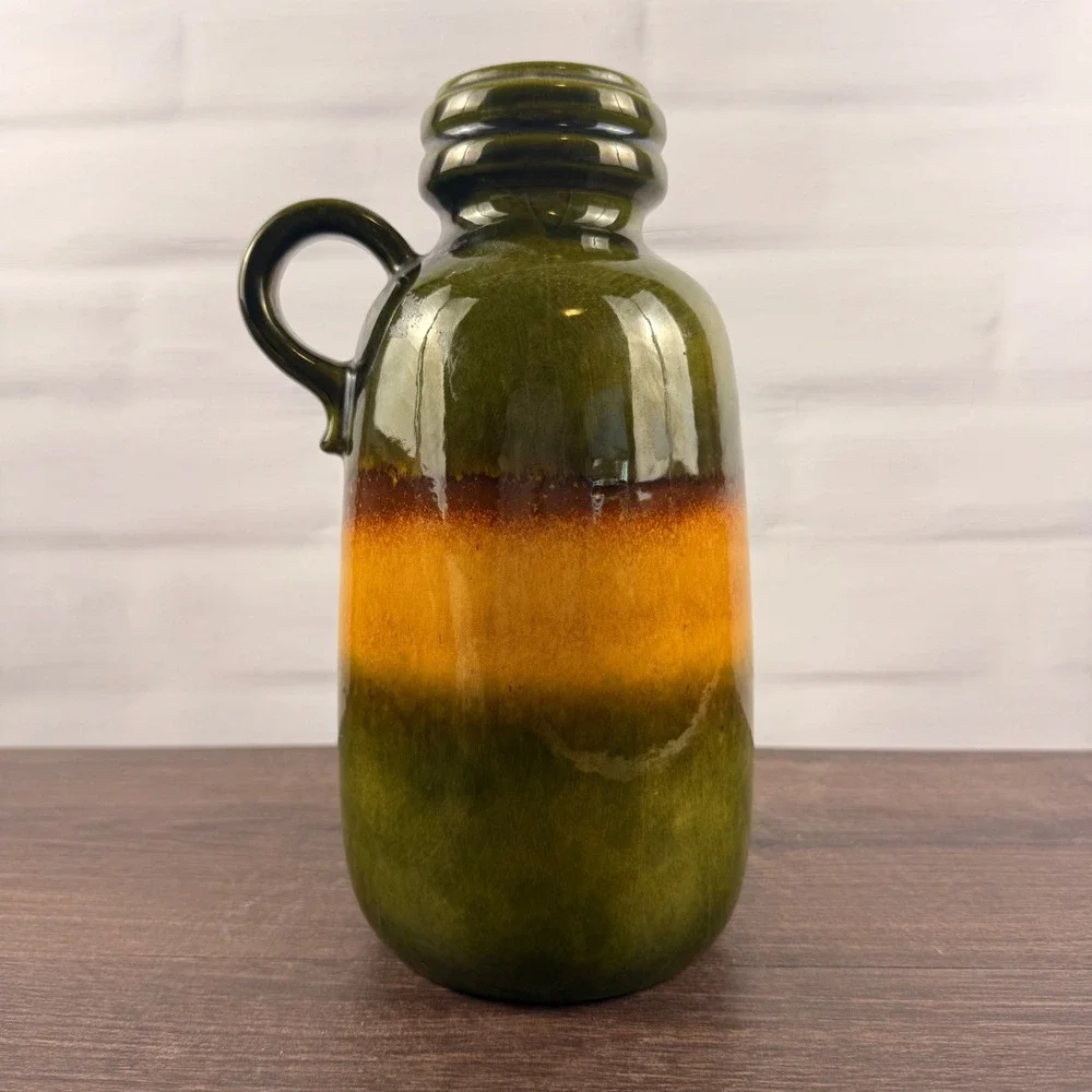Scheurich 413-26 West German Pottery Krug Handled Vase Green Amber